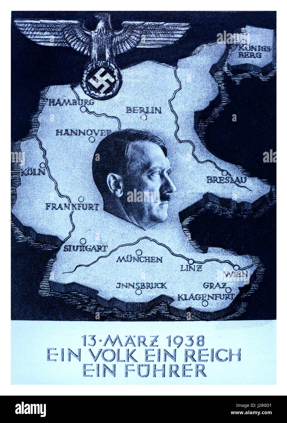 1930's Propaganda 'Anschluss' poster by Adolf Hitler 'One People..One Reich..One Führer'  Austria was annexed into Nazi Germany on 12th March 1938 Stock Photo