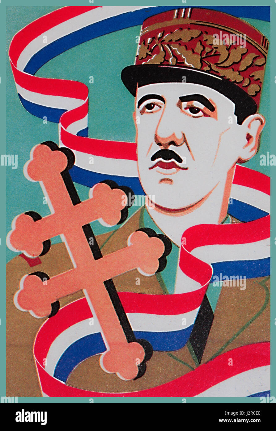 De Gaulle 1940s WW2 French propaganda poster for General De Gaulle with The Cross of Lorraine, used as a symbol for The Free French Stock Photo