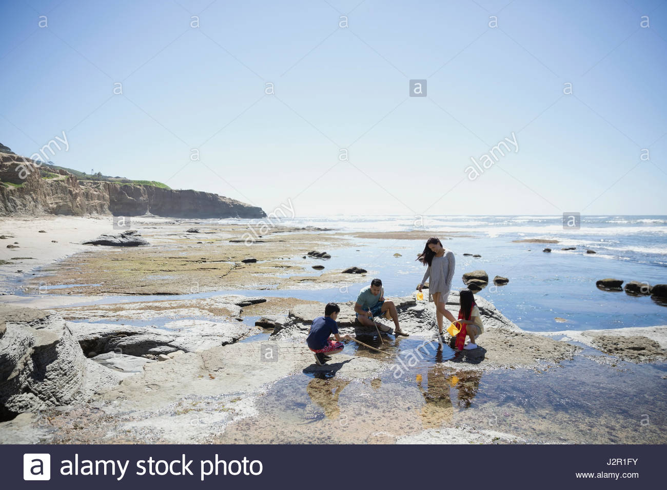 Latino family playing in tide pool on sunny craggy beach Stock Photo