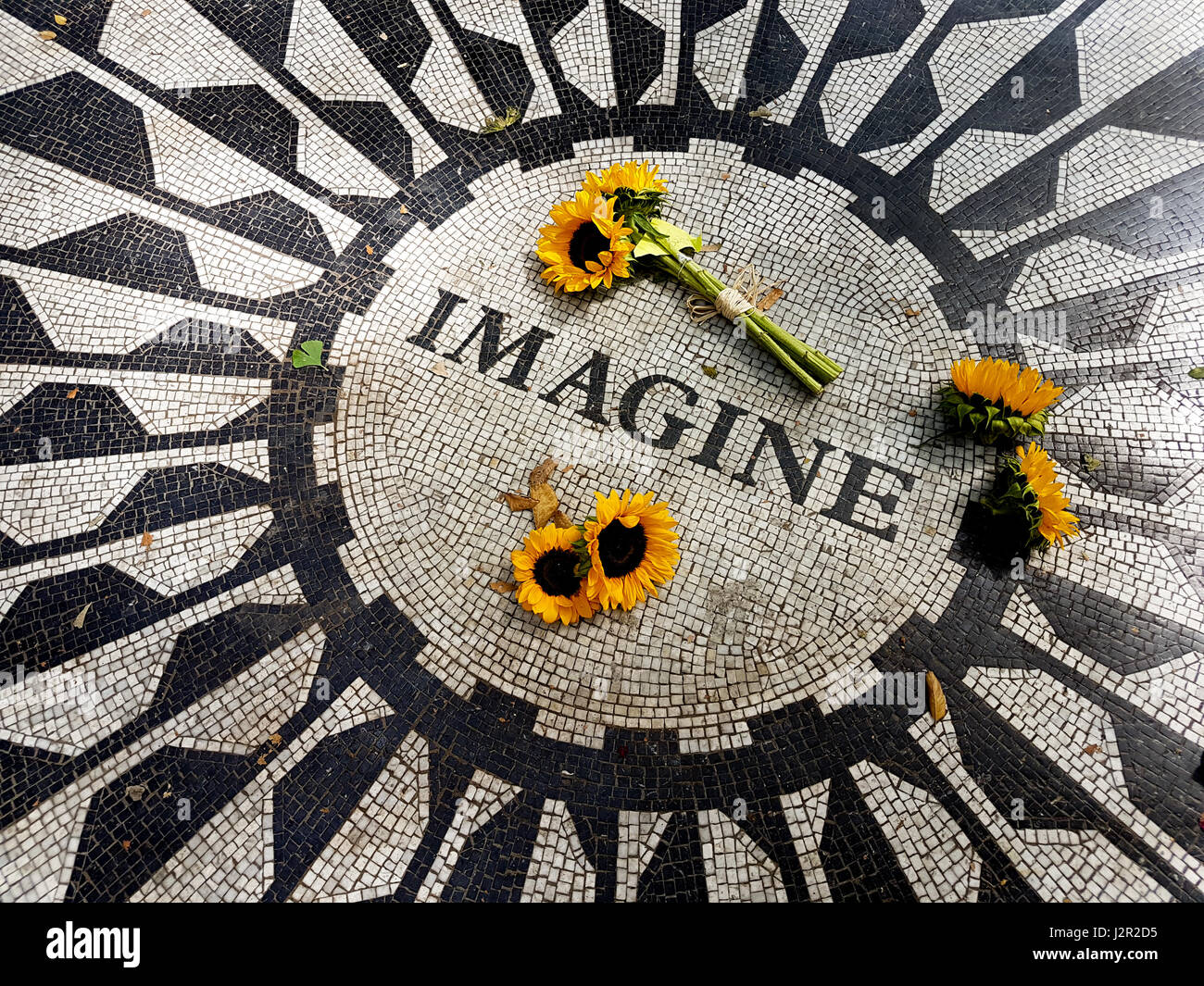 NEW, YORK USA - September 11, 2016: The Imagine mosaic with sunflowers at Strawberry Fields in Central Park, Manhattan Stock Photo