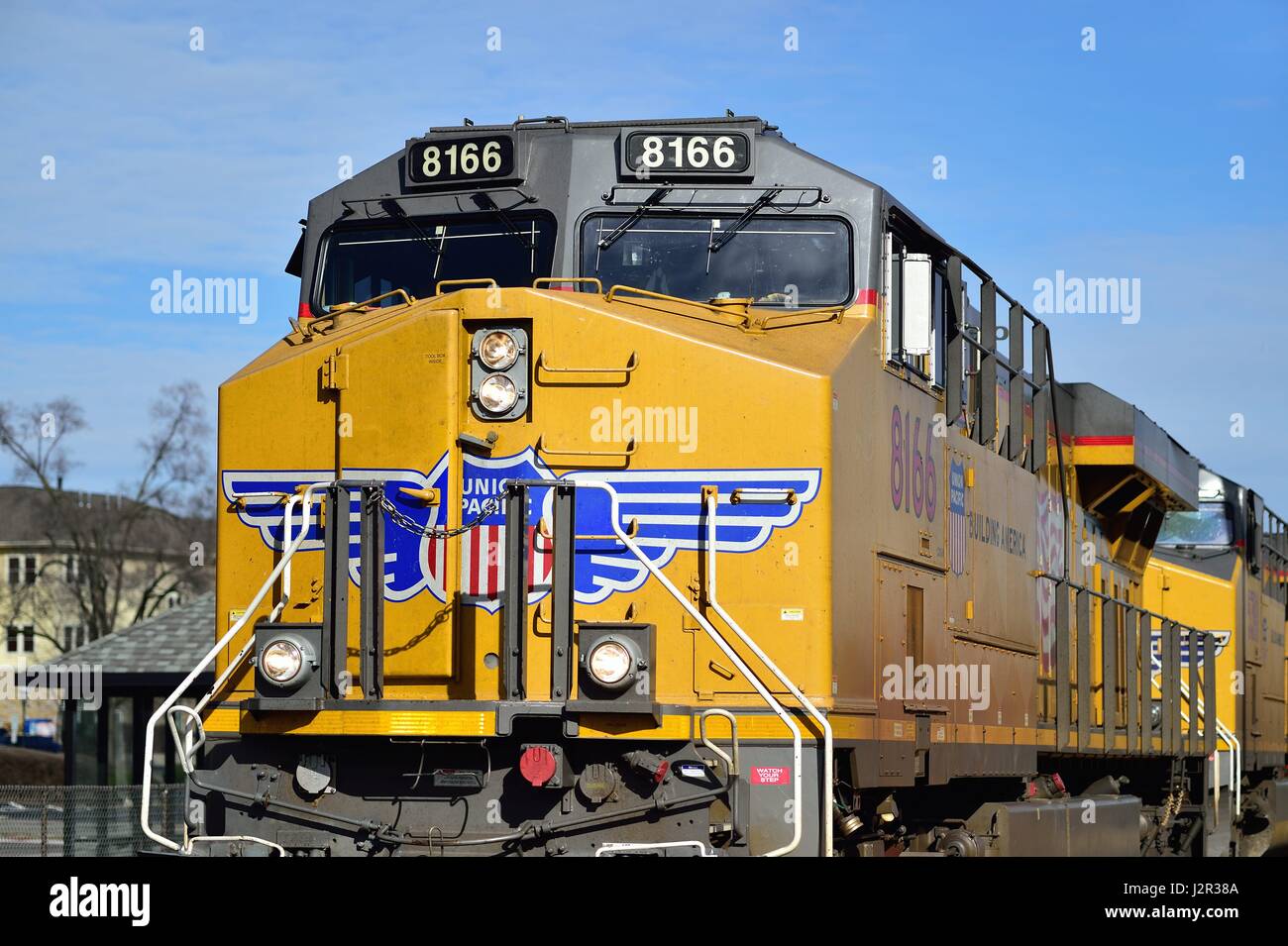 Geneva, Illinois, USA. An outbound Union Pacific freight train from