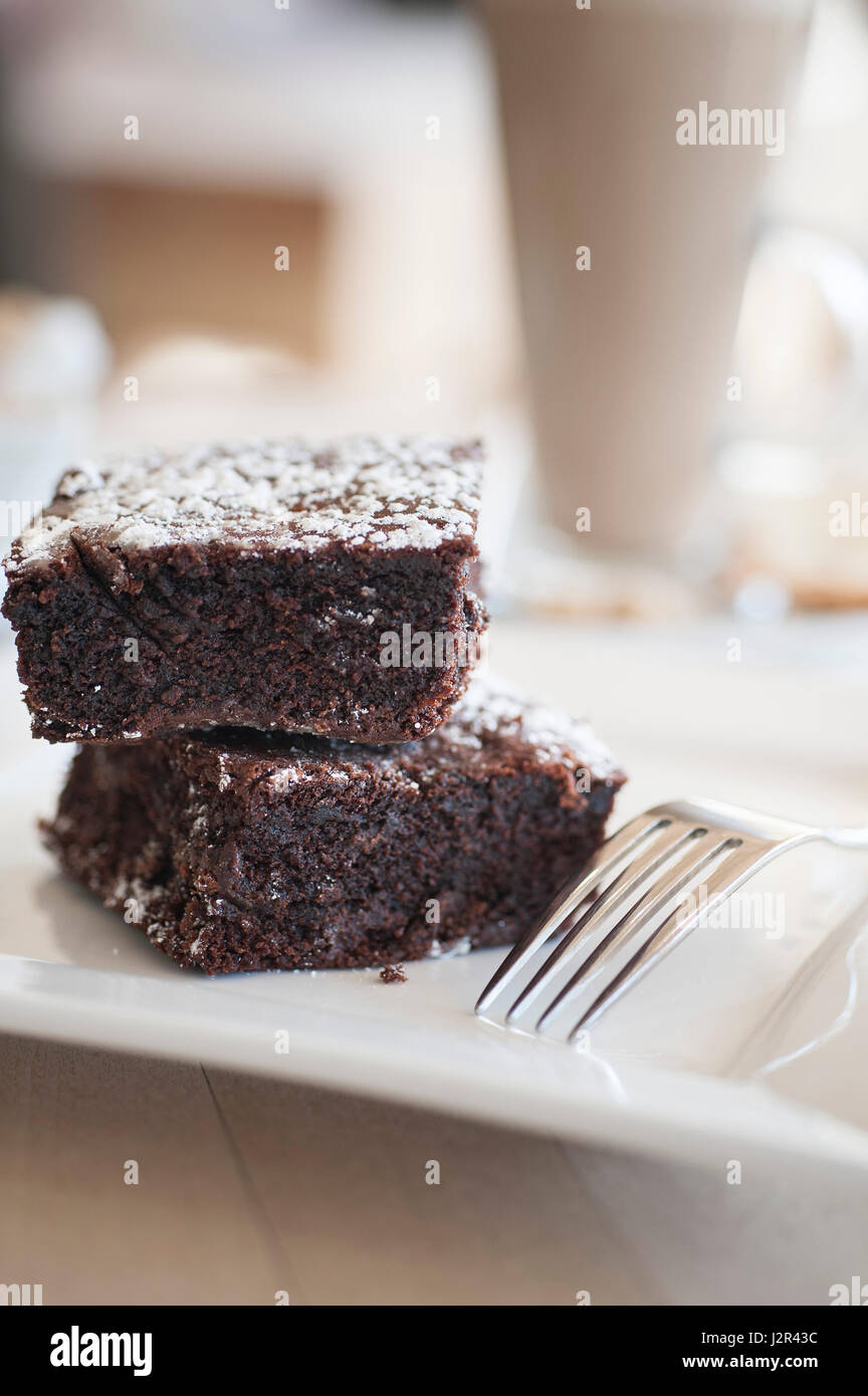 Food Two Chocolate Brownies Dessert Pudding Sweet Treat Chocolate brownies Baked Baking Fork Plate Stock Photo