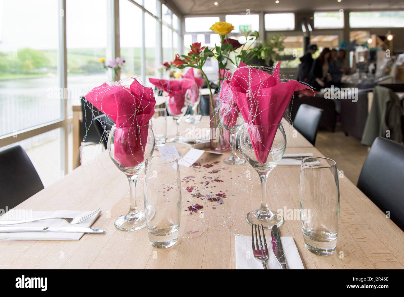 Restaurant interior Table Table decorations Decorated Celebration Celebratory Birthday celebrations Pretty Colourful Colorful Stock Photo