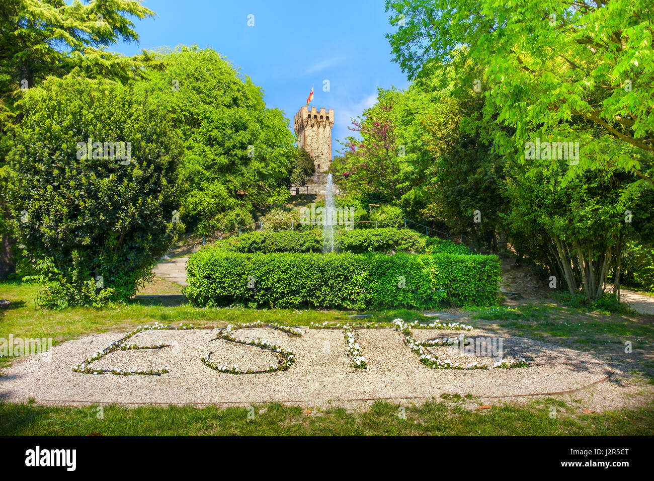 Este written with flowers in the public garden of Carrarese castle Colli euganei padova Stock Photo