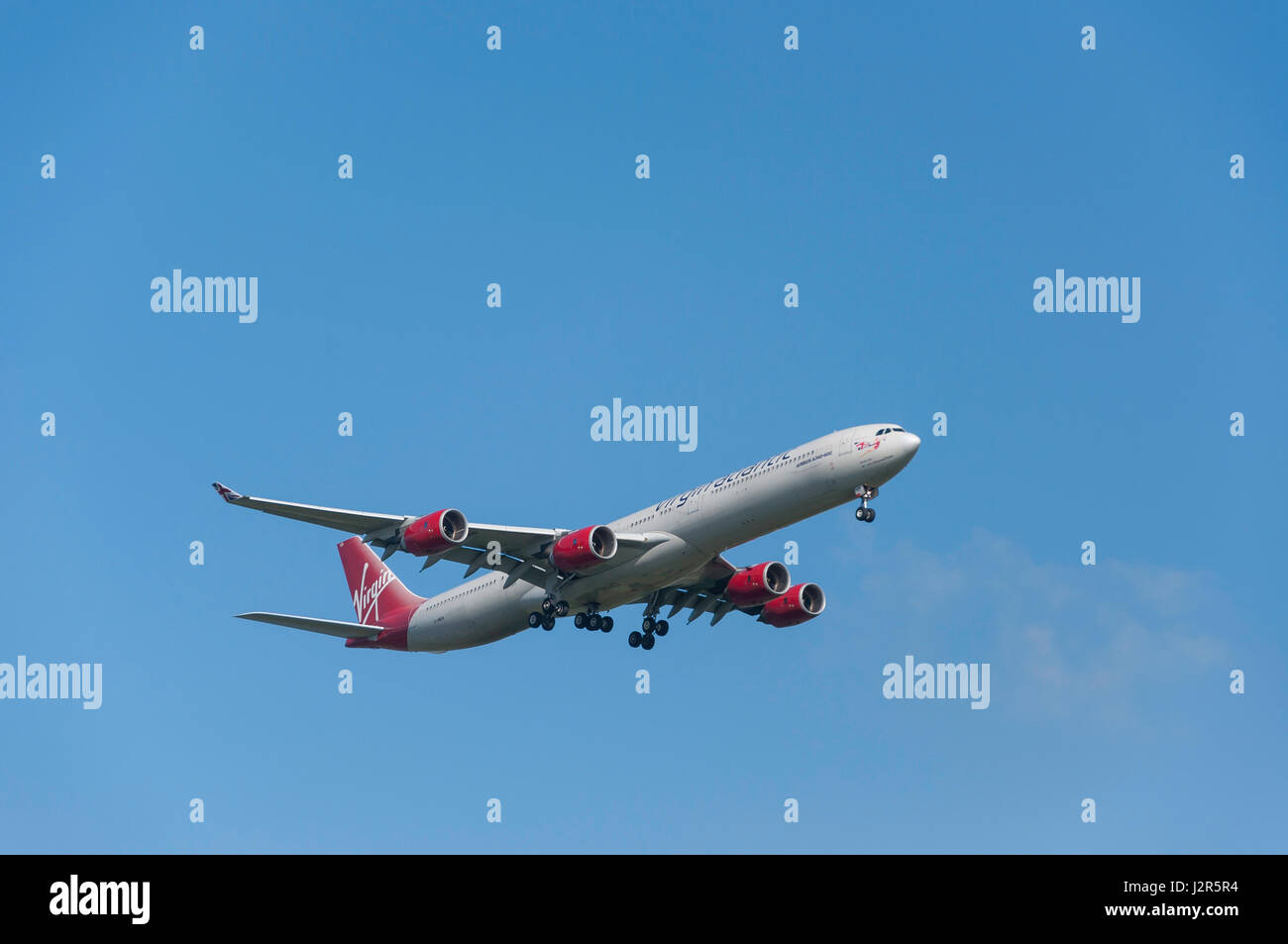 Virgin Atlantic Airbus A380-600 aircraft landing at Heathrow Airport, Greater London, England, United Kingdom Stock Photo