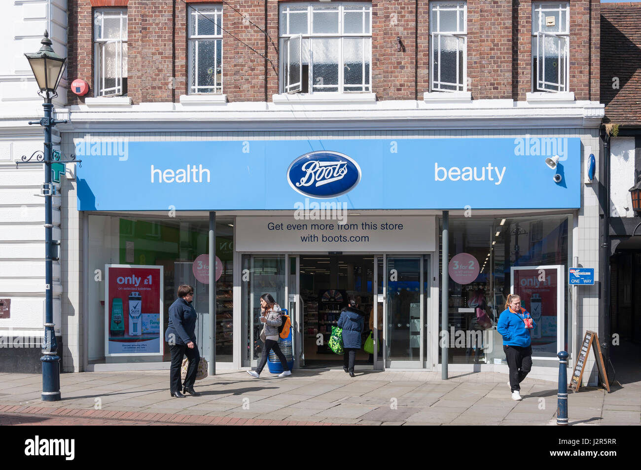 Boots UK Ltd Chemist store, High Street, Hitchin, Hertfordshire, England, United Kingdom Stock Photo