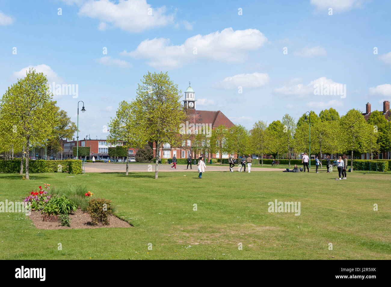 Letchworth Town Hall from Broadway Gardens, Letchworth Garden City, Hertfordshire, England