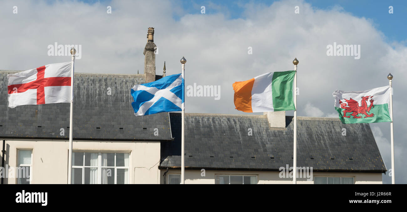 Flags of England, Scotland, Ireland and Wales flying, Seaton Carew, Hartlepool, England, UK Stock Photo