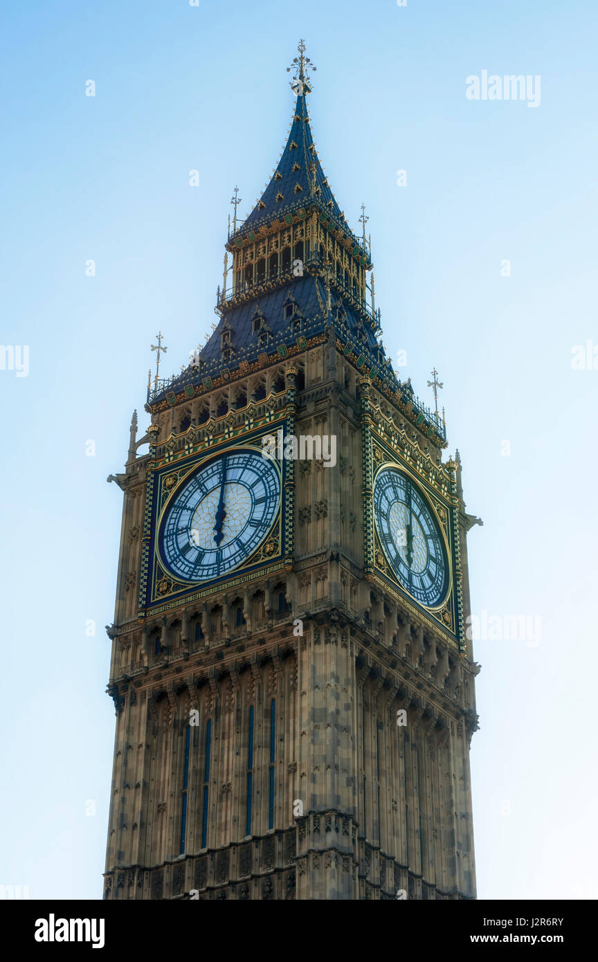 Close up of Big Ben Clock Tower Against Blue Sky England United Kingdom Stock Photo