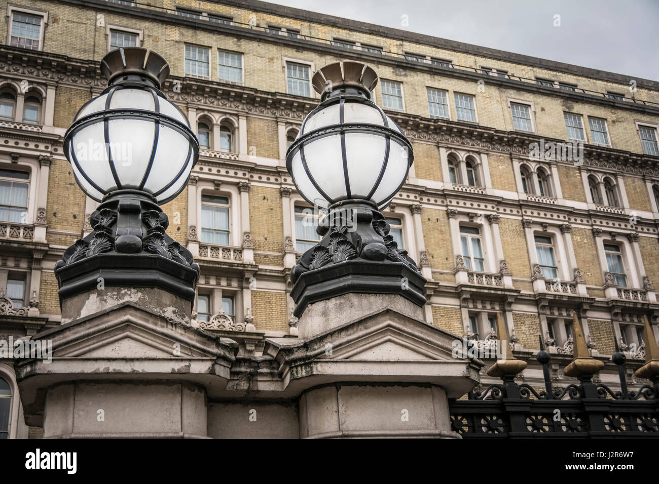 Decorative courtyard lamps in the forecourt of Charing Cross railway station in London, England, UK Stock Photo