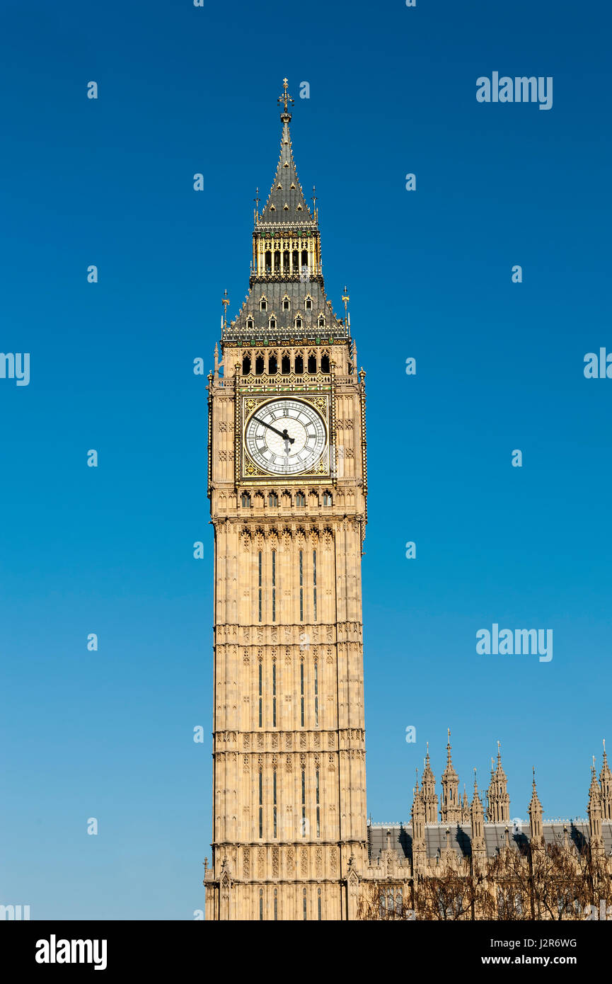 Close up of Big Ben Clock Tower Against Blue Sky England United Kingdom Stock Photo