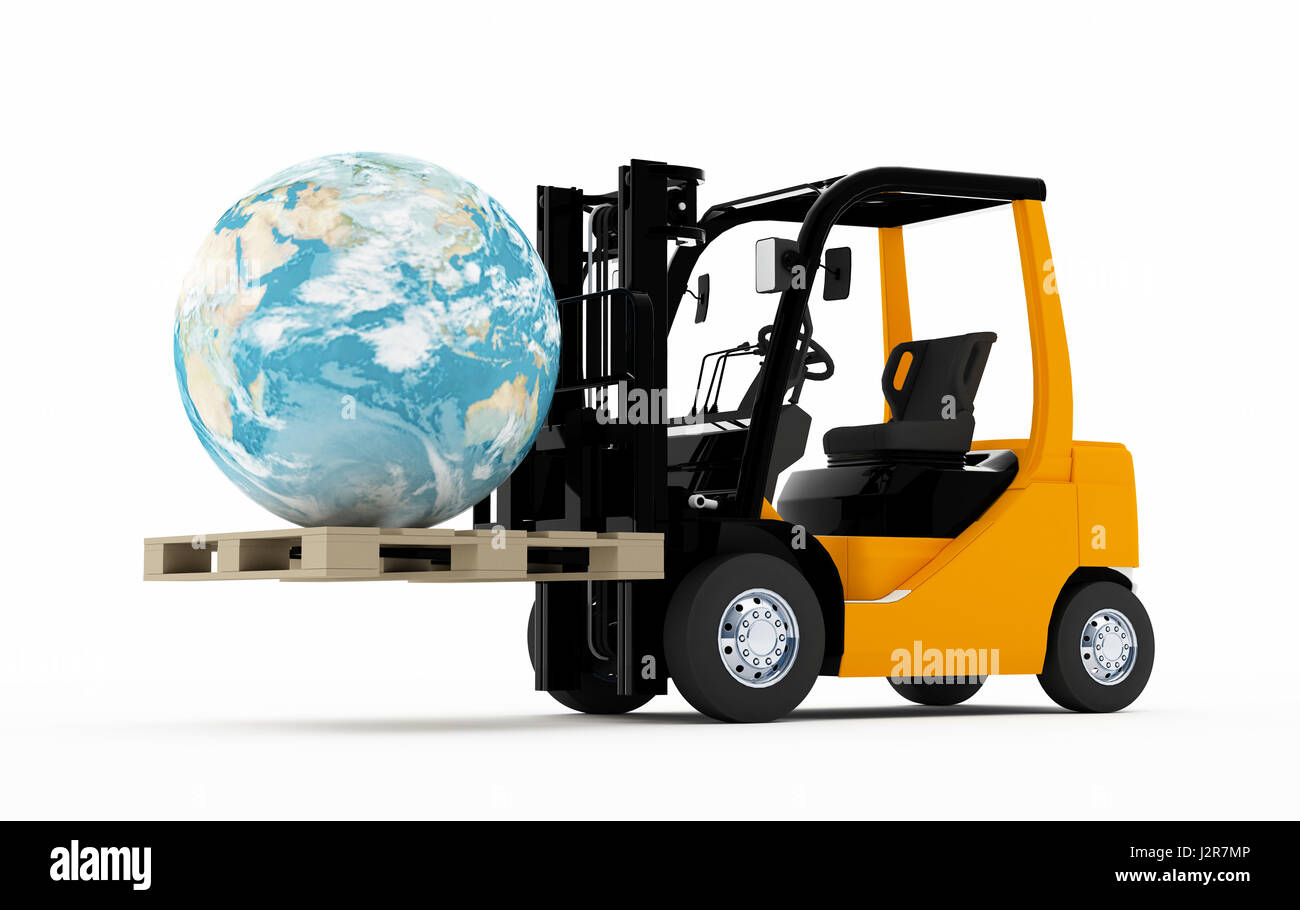 3d Forklift Truck With A World On A Pallet Stock Photo Alamy