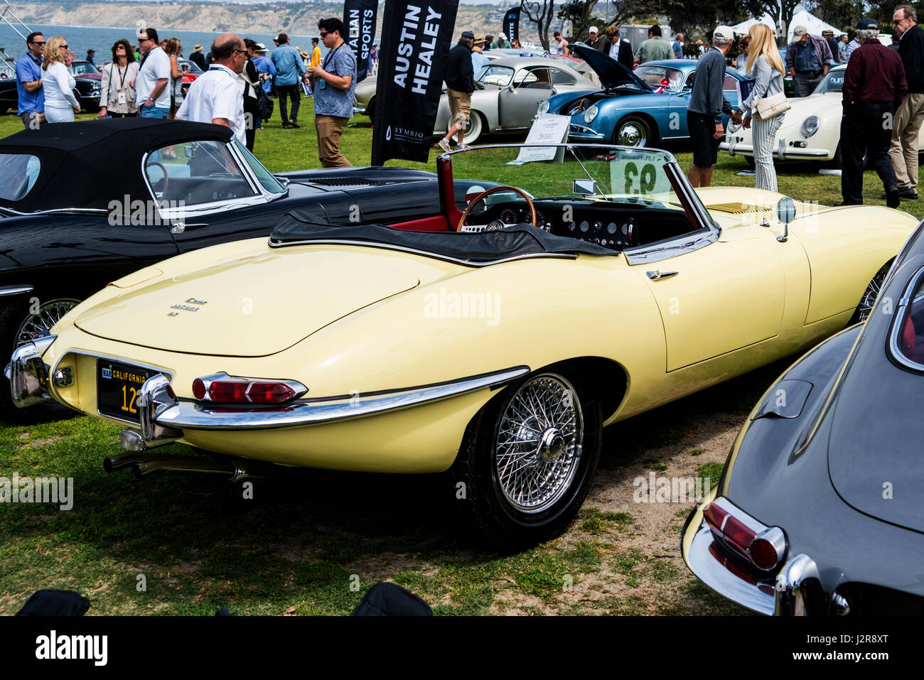 Yellow Jaguar XKE at La Jolla Concours d'Elegance auto show Stock Photo
