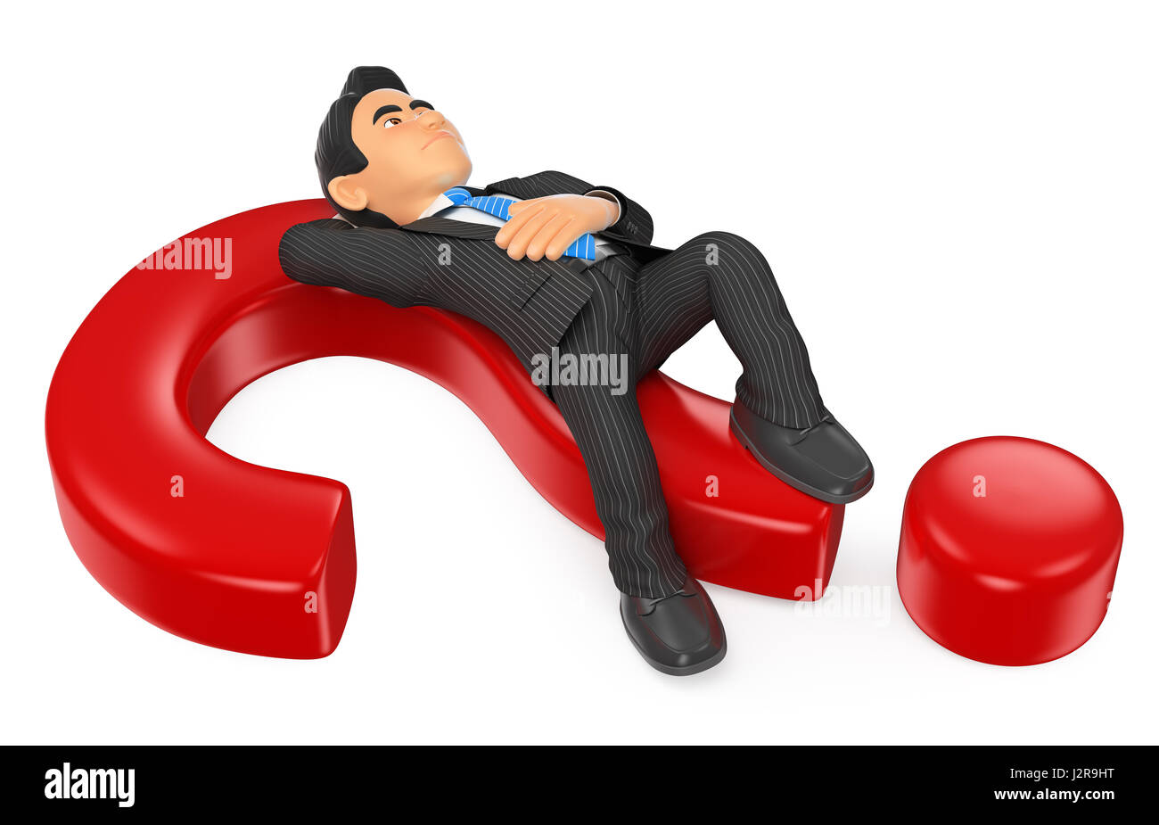 3d business people illustration. Businessman thoughtful lying on a question mark. Isolated white background. Stock Photo