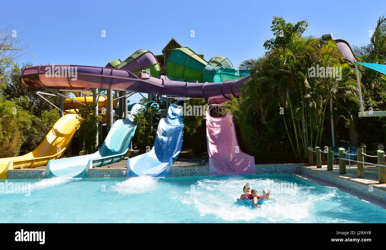 Tourists on Omaka Rocka adventure slide in Aquatica water park Stock Photo