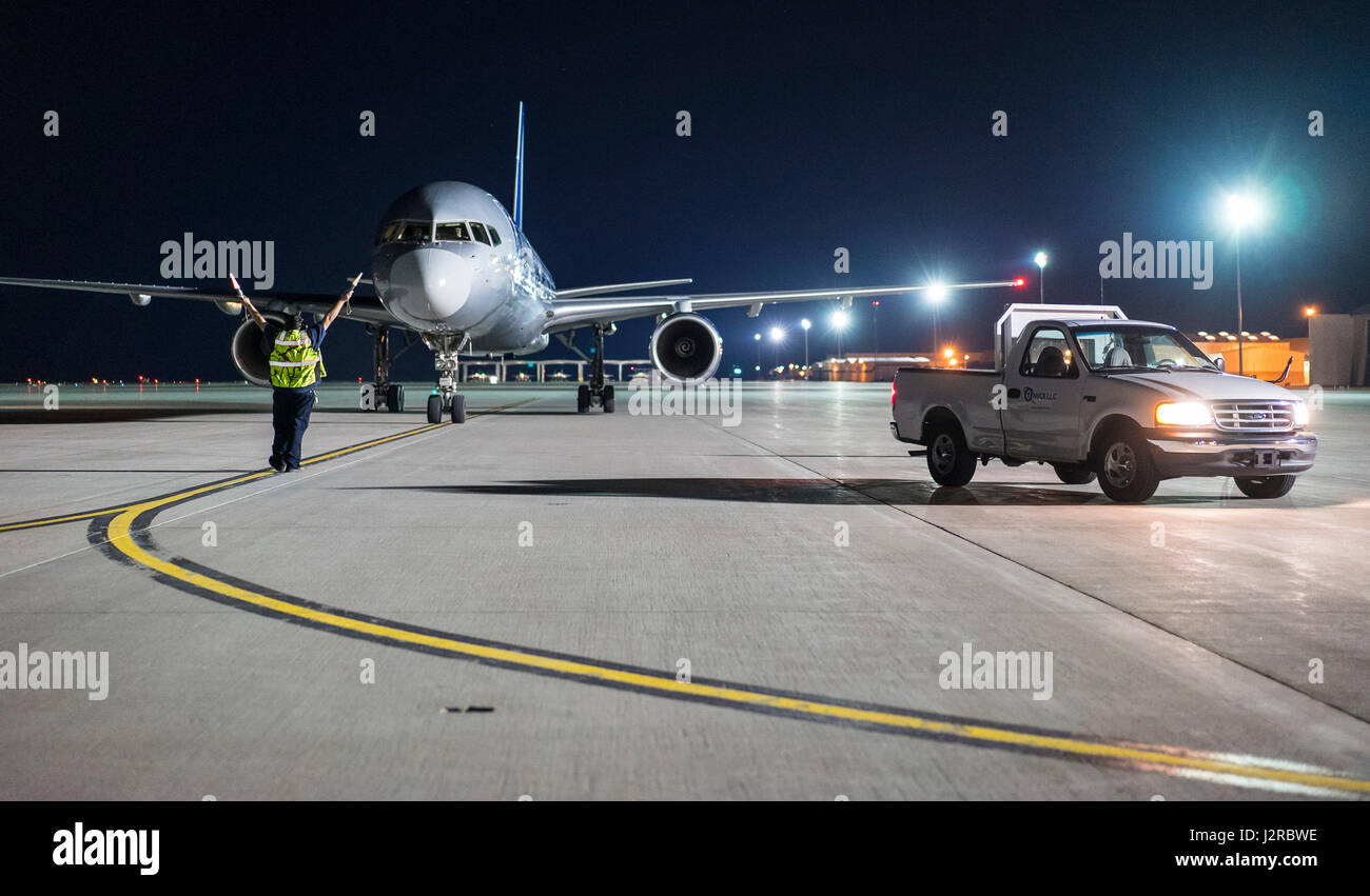 A charter aircraft parks at Mountain Home Air Force Base, Idaho, April