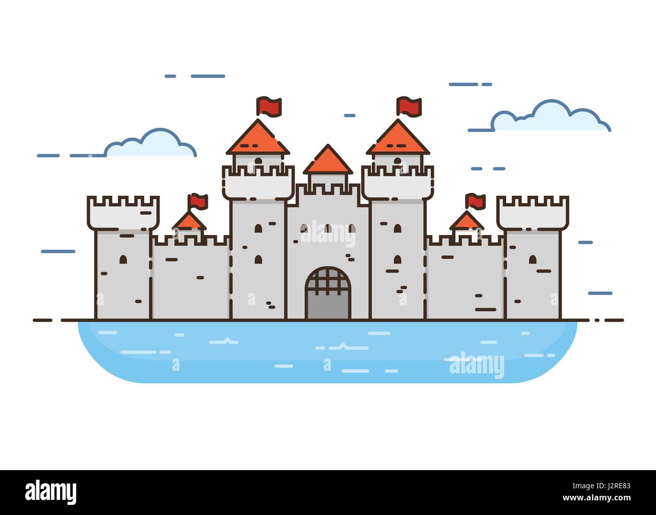 Linear style castle color vector illustration. Medieval castle with towers and walls with flags, surrounded by water. Guard and protection concept. Op Stock Vector