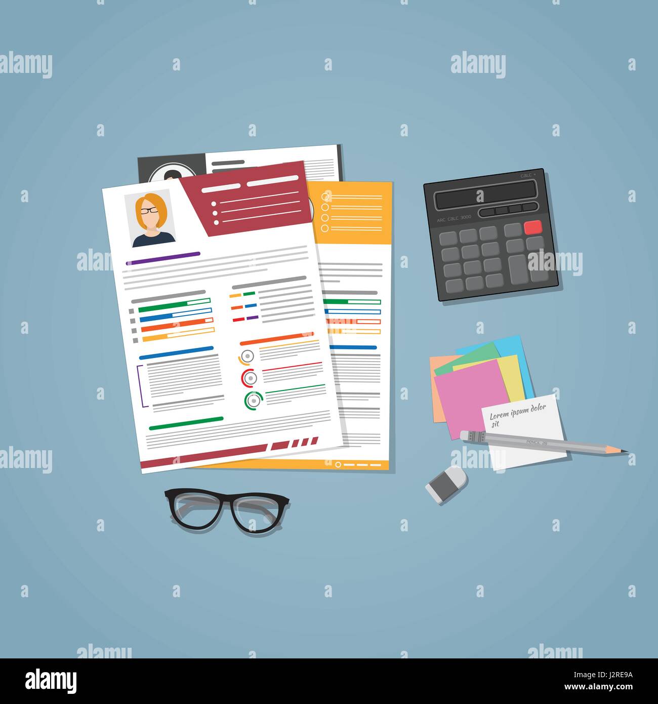 A few CVs for hiring in flat style. Managers workplace for recruiting staff with notes. Resume of different people on desk. The concept of hiring for  Stock Vector