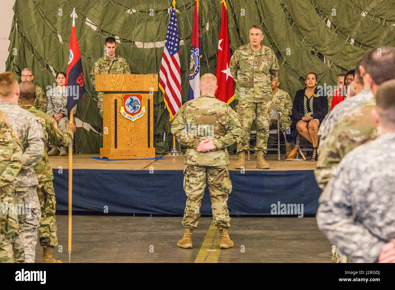 U.S. Army, Maj. Gen. Stephen Danner, adjutant general of the Missouri National Guard, speaks with members of the 35th Infantry Division, during a deployment ceremony, at Rosecrans Air National Guard Base, St. Joseph, Mo., April 28, 2017. About 200 members of the 35th, headquartered in Fort Leavenworth, Kan., prepare for a year long deployment to Jordan and Kuwait. Family, friends and supporters attended the ceremony to see their loved ones off. (Air National Guard photo by Staff Sgt. Patrick P. Evenson) Stock Photo