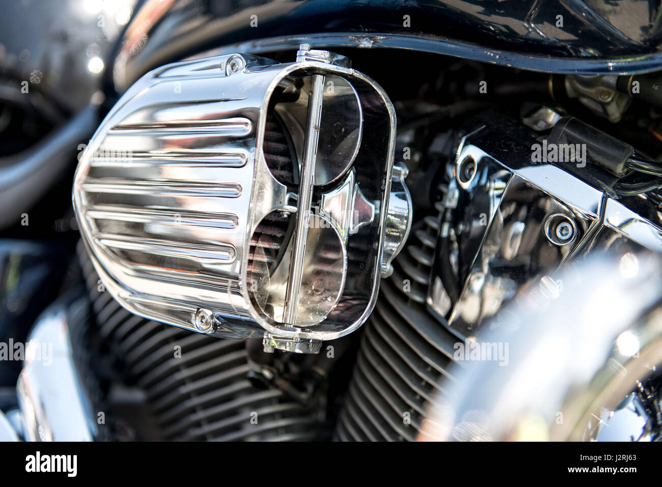 Motorcycle engine parts with chrome decorative elements Stock Photo Alamy