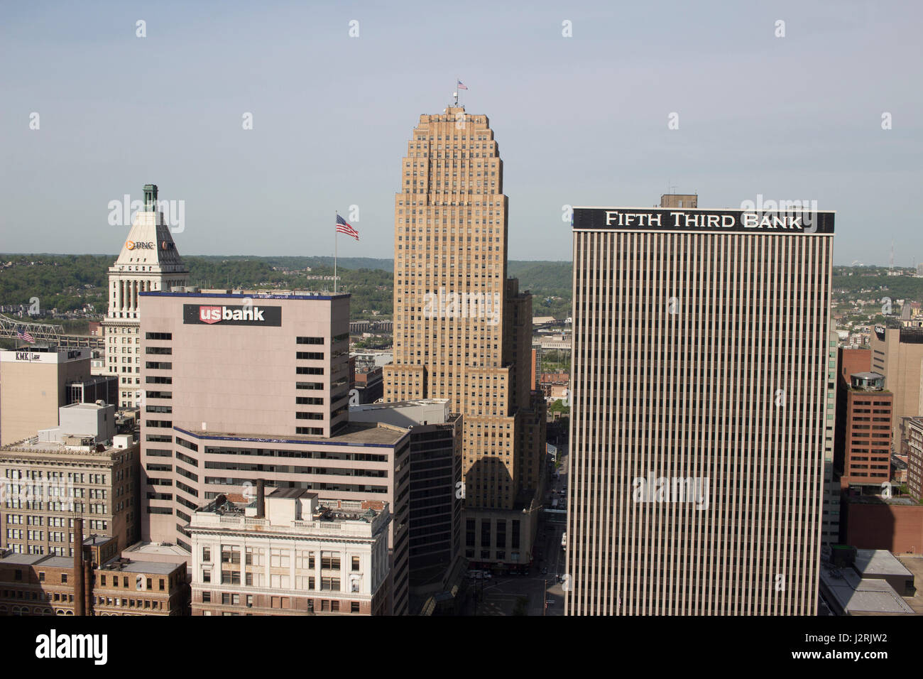 High rise view of Cincinnati, Ohio yo can see the carew tower, fifth third building and us bank. Stock Photo