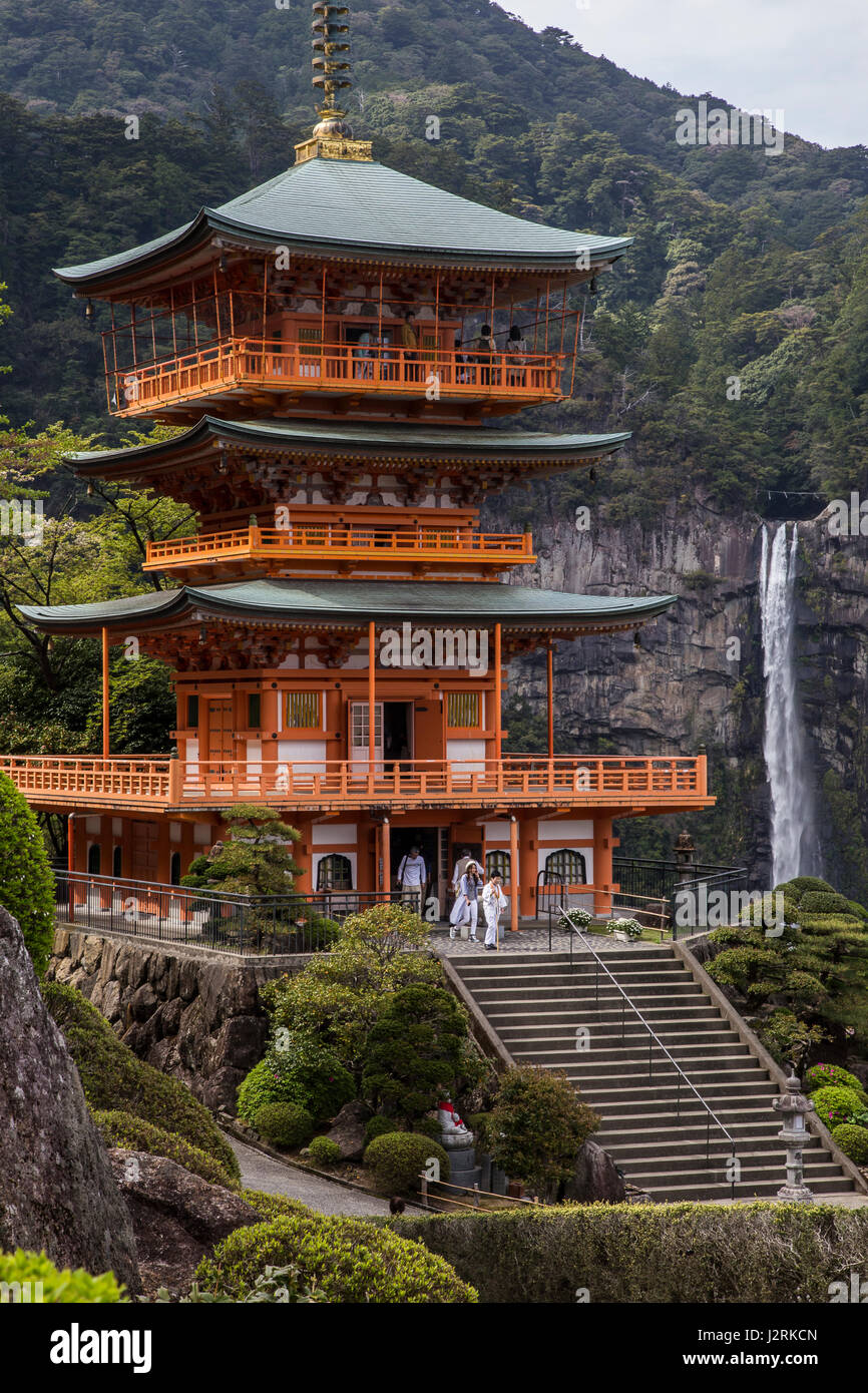 Seiganto-ji Temple and Nachi Falls - Seiganto-ji or Temple of the Blue Waves is listed as a UNESCO World Heritage Site among other sites designated as Stock Photo