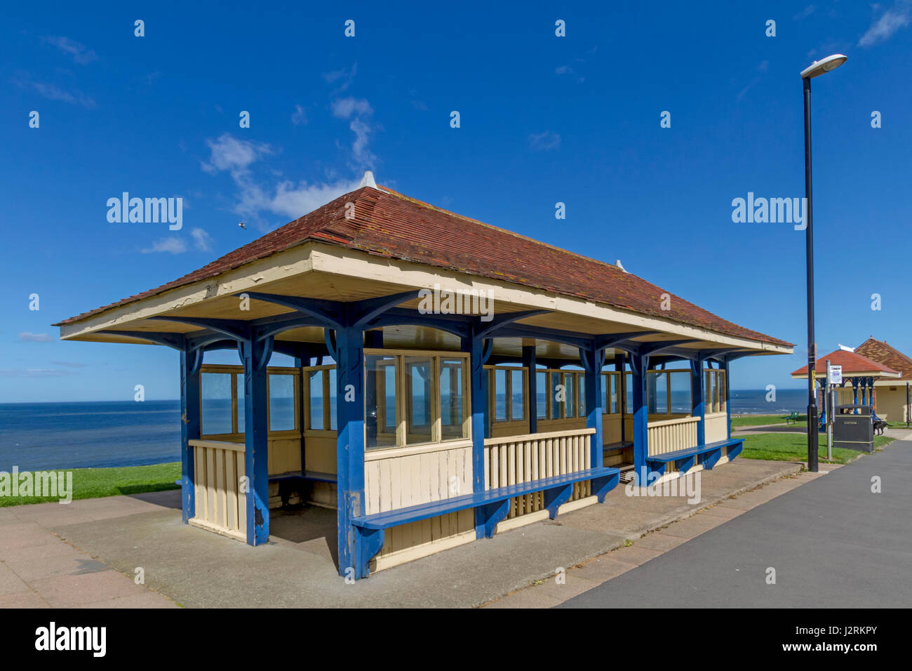 Victorian style shelter along the top of West Cliff, Whitby, North Yorkshire, England Stock Photo