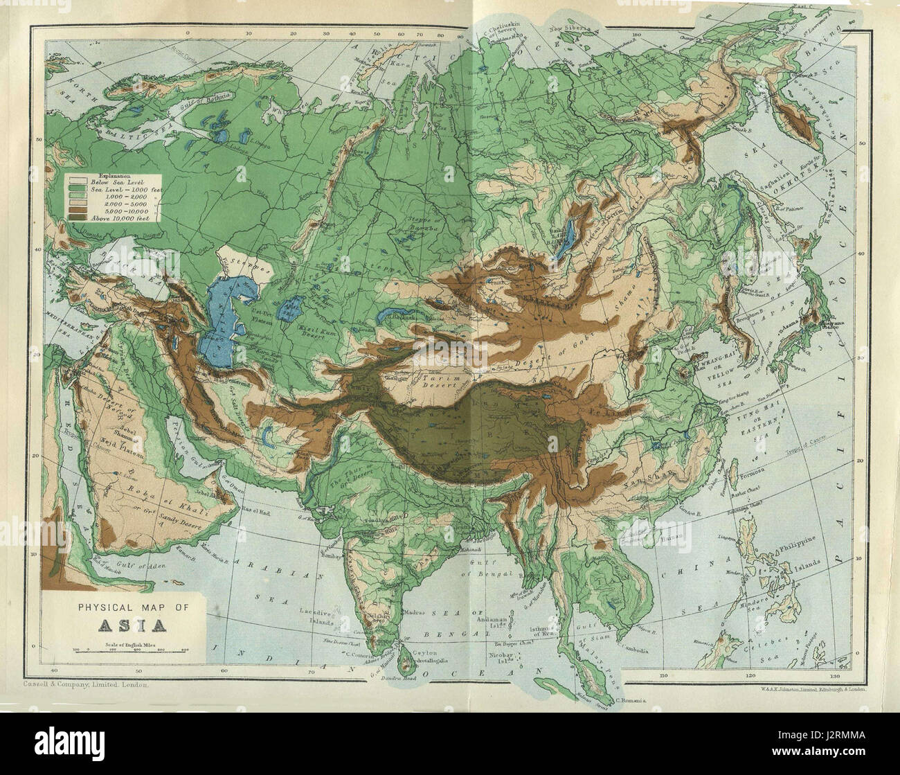 A physical map of Asia, from Cassel's Encyclopedia, 1899 Stock Photo ...