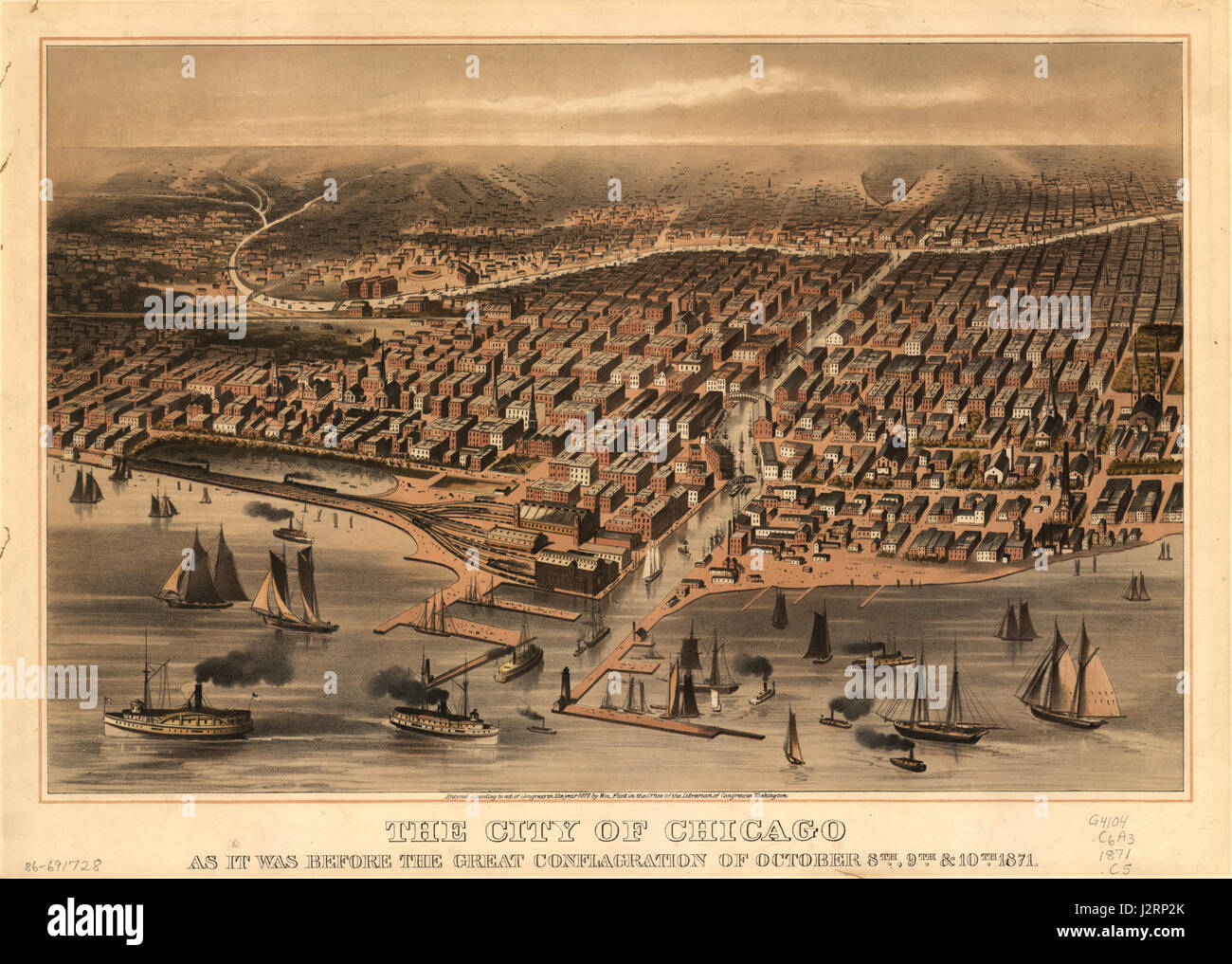 This historical image captures a view of Chicago in 1871, just before the Great Chicago Fire, an event that devastated much of the city. The photograph offers a glimpse into the city's architecture, urban environment, and the cultural context before the disaster. Stock Photo