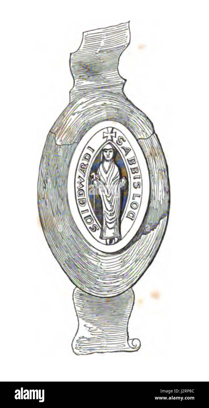 The private seal of the abbots of Netley, depicting an abbot. The Latin inscription reads 'Sigillum Abbatis Loci Sancti Edwardi': 'The seal of the Abbot of Saint Edwardstowe'. Saint Edwardstowe was an alternative name for Netley in the middle ages. This example comes from a deed of 1330. Stock Photo