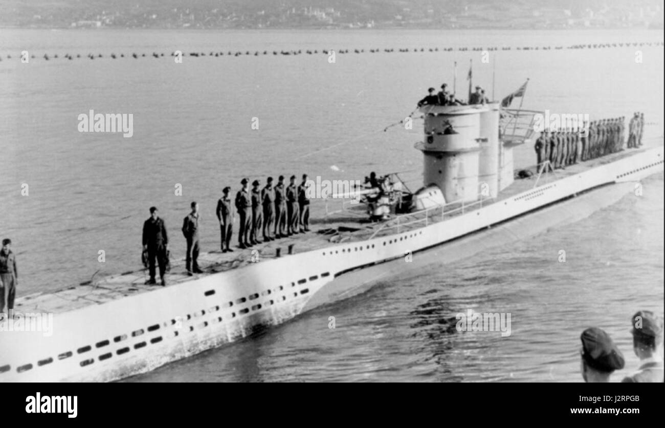 On May 20, 1945, 13 days after Germany's unconditional surrender to the Allies, the u-963 entered the history of the fishing village Stock Photo