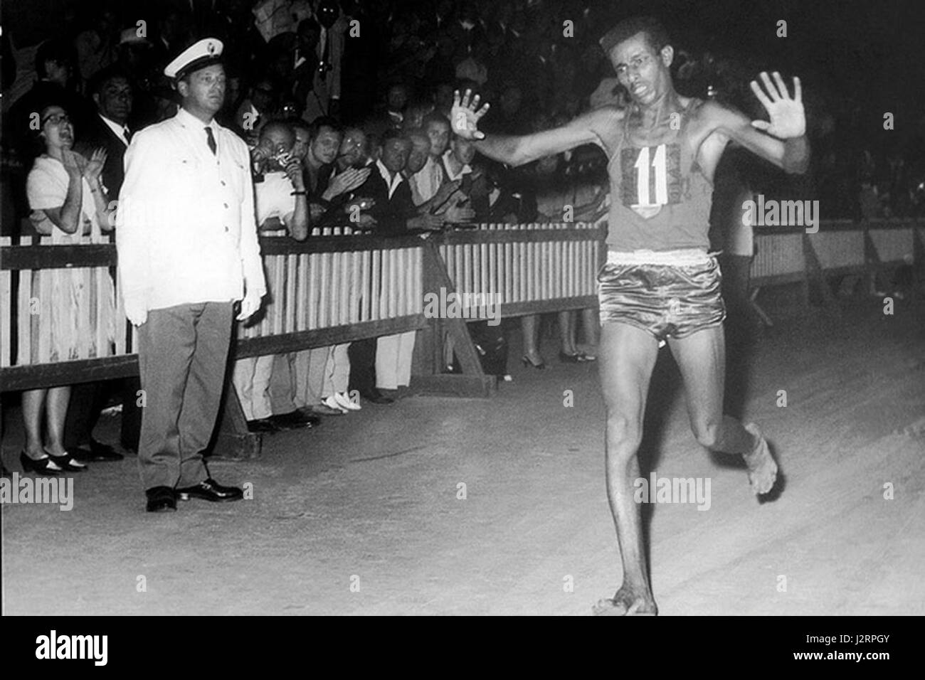 Abebe Bikila wins the marathon at the 1960 Rome Olympic Games Stock Photo