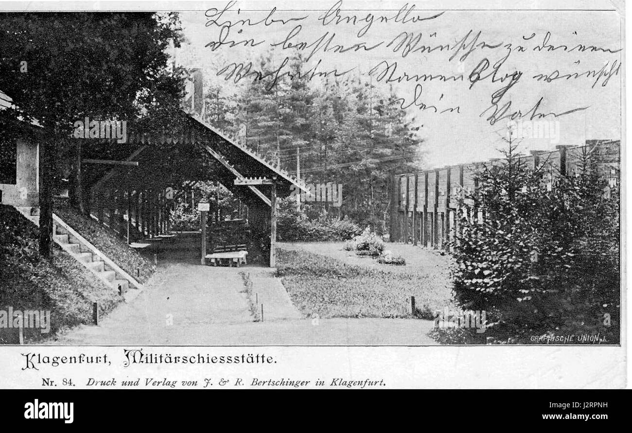 Historical photograph of the wooden construction at the military shooting location on the Kreuzbergl, situated in the 12th district 'Sankt Martin' of the capital Klagenfurt, Carinthia, Austria, circa 1900 Stock Photo
