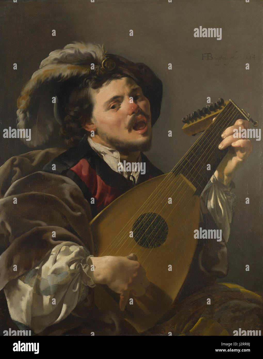 The artwork depicts a man playing a lute, an instrument from the ...