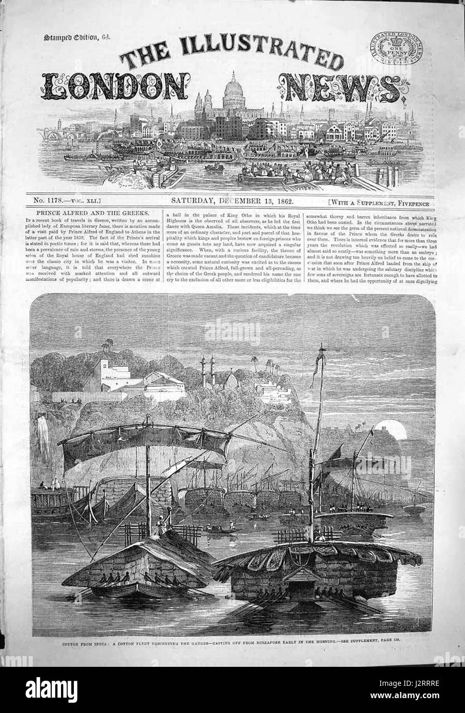 A cotton fleet descending the Ganges--casting off from Mirzapore early in the morning Stock Photo