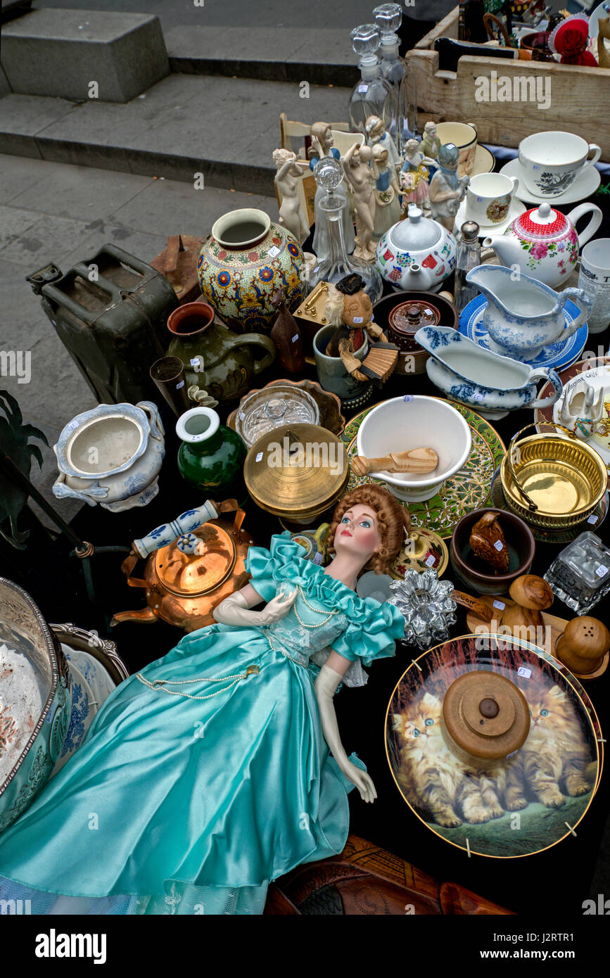 Bric-a-brac for sale on a stall in the Grassmarket in Edinburgh's Old Town. Stock Photo
