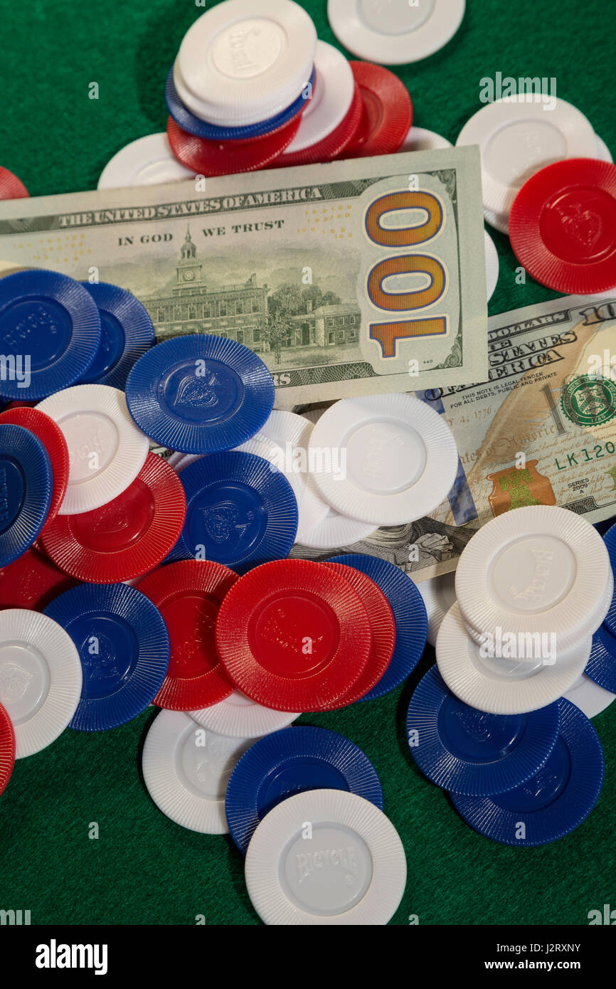 Large Pot at Poker Game with Cash and Chips Stock Photo Alamy