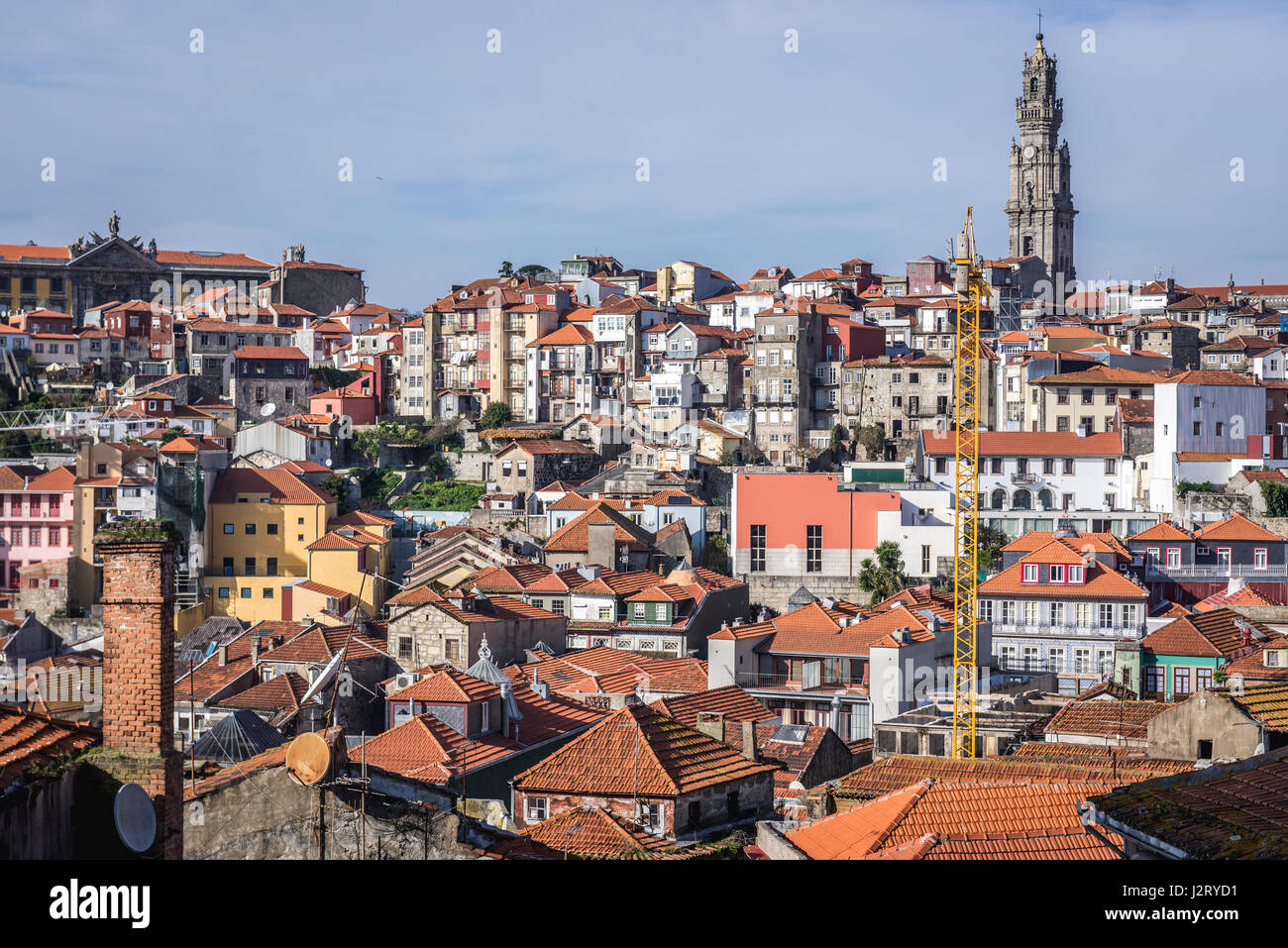 Aerial view in Porto city, Portugal. View with bell tower of Clerigos Tower Stock Photo
