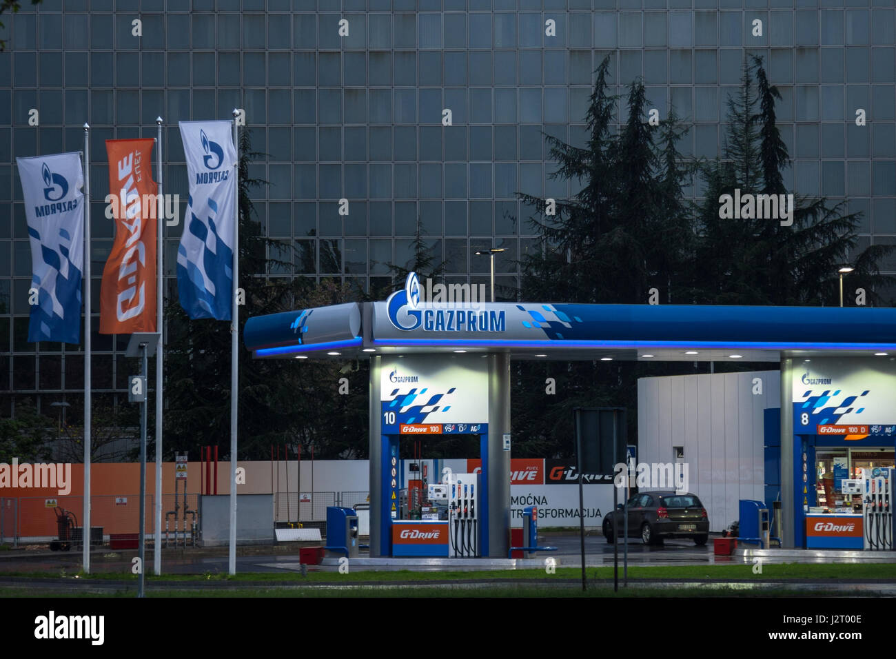 BELGRADE, SERBIA - APRIL 29, 2017: Gazprom gas station in front of their headquarters for Serbia. Gazprom is one of the main power and energy companie Stock Photo