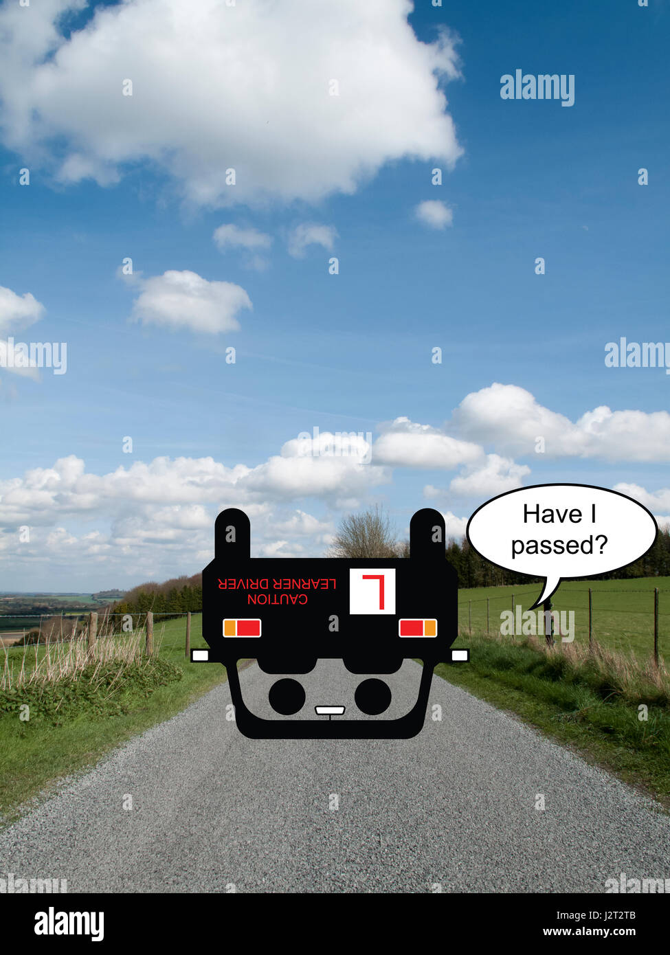 Comical optimistic driver on country road failing his driving test Stock Photo