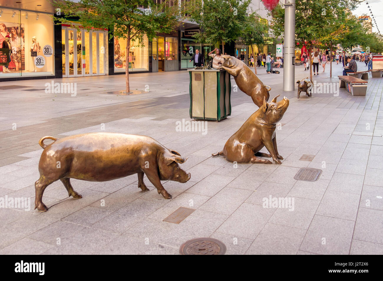 Adelaide, Australia April 05, 2017 Four famous Rundle Mall Pigs