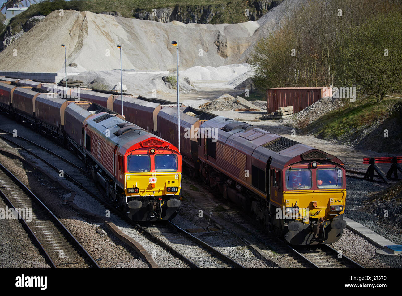 Class 66 freight trains at Cemex Quarry in Dove Holes High Peak district of Derbyshire nr Buxton. Stock Photo