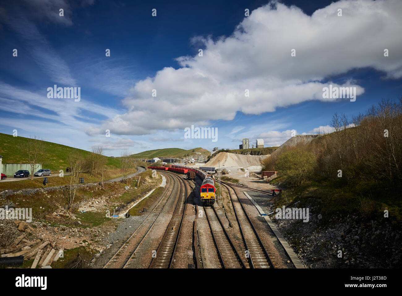 Class 66 freight trains at Cemex Quarry in Dove Holes  High Peak district of Derbyshire nr Buxton. Stock Photo