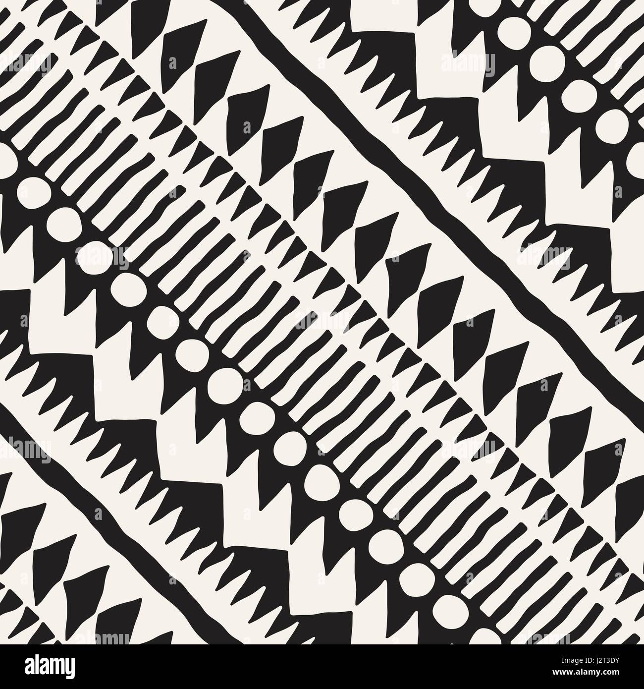 Black and white tribal vector seamless pattern with doodle elements ...