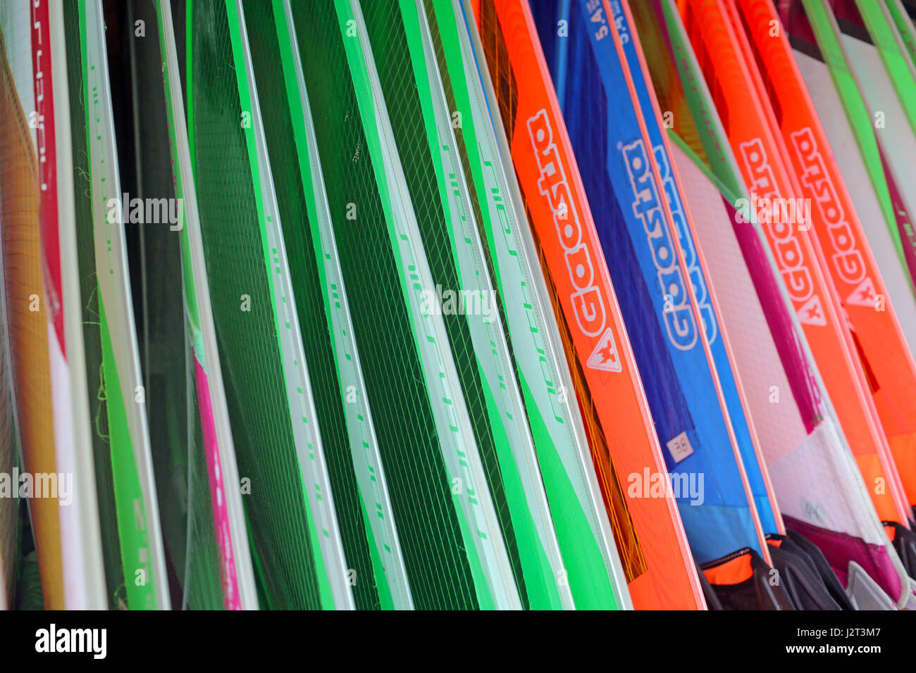 Windsurfing Sails stacked for storage Stock Photo