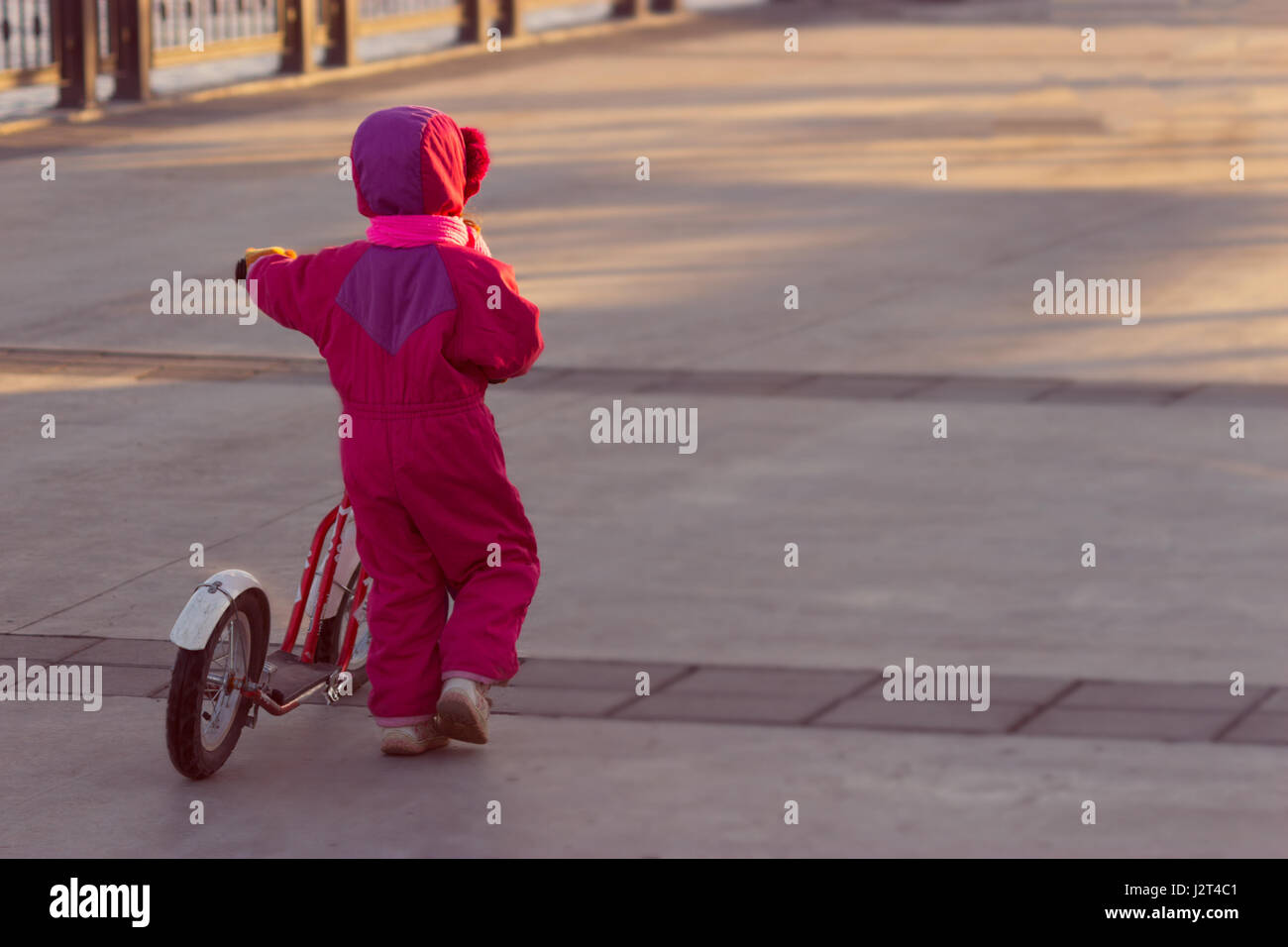 Happy child riding a bike. Little girl on a pink bicycle. Stock Photo