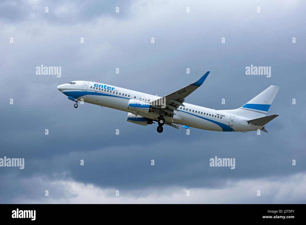 A Polish 737-8AS departing Inverness Dalcross airport in the Scottish Highlands, UK. Stock Photo