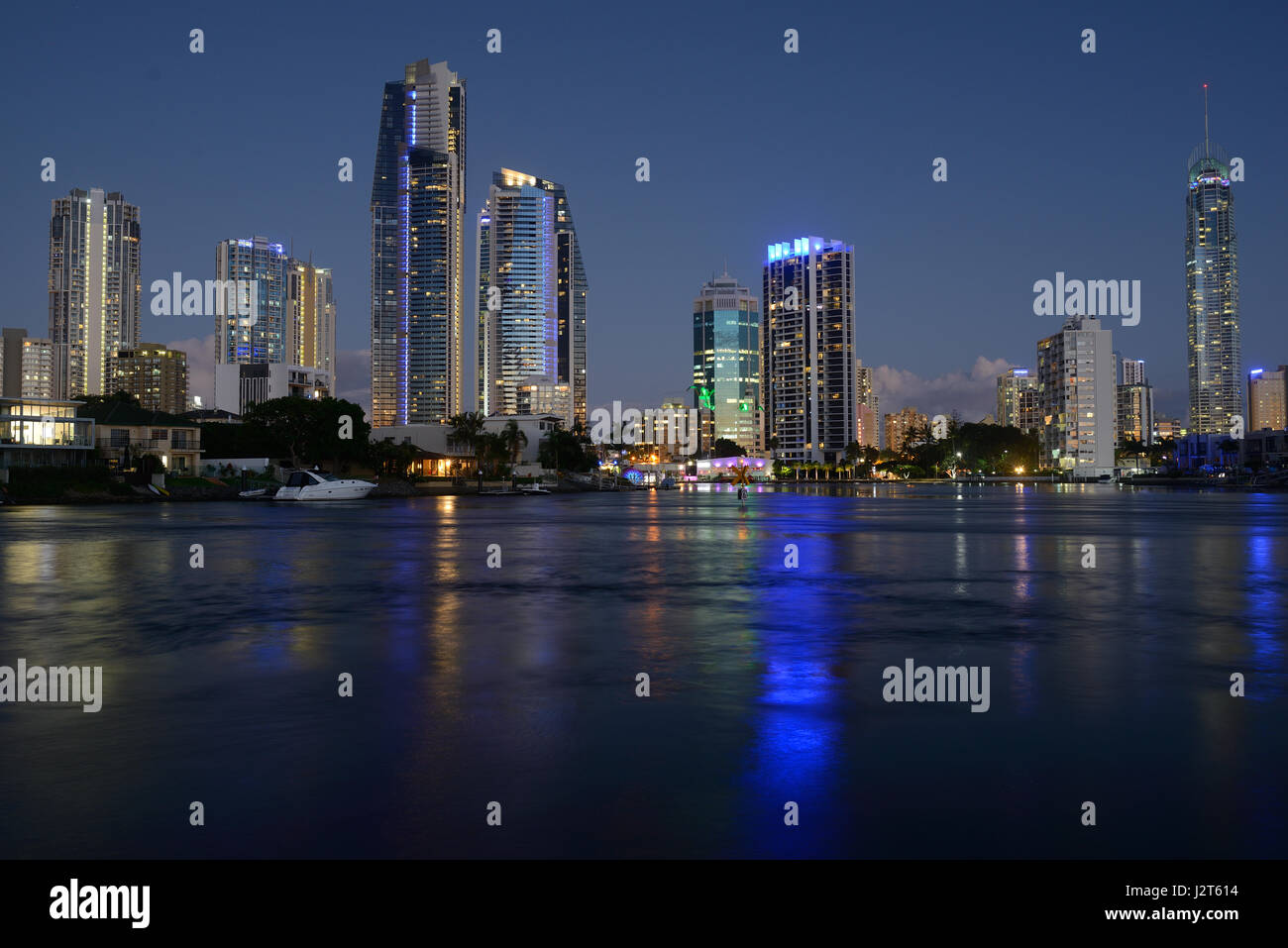 City of Surfers Paradise at twilight reflected on the Nerang River. Gold Coast, Queensland, Australia. Stock Photo