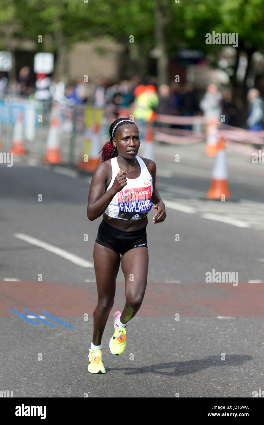 Florence Kiplagat running in the Virgin Money London Marathon 2017, The Highway, London, UK. Stock Photo