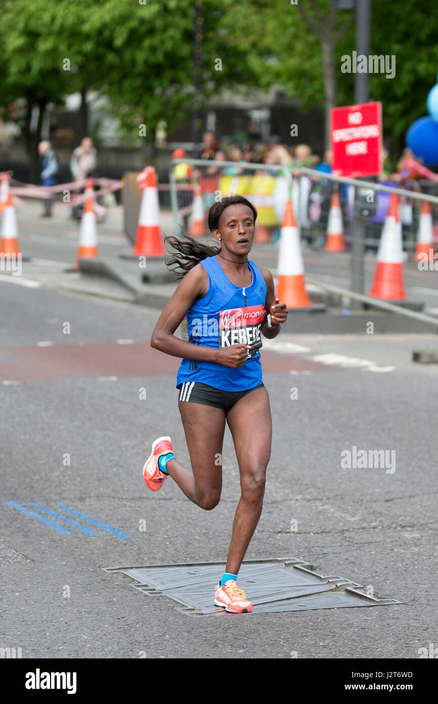 Aberu Kebede running in the Virgin Money London Marathon 2017, The Highway, London, UK. Stock Photo